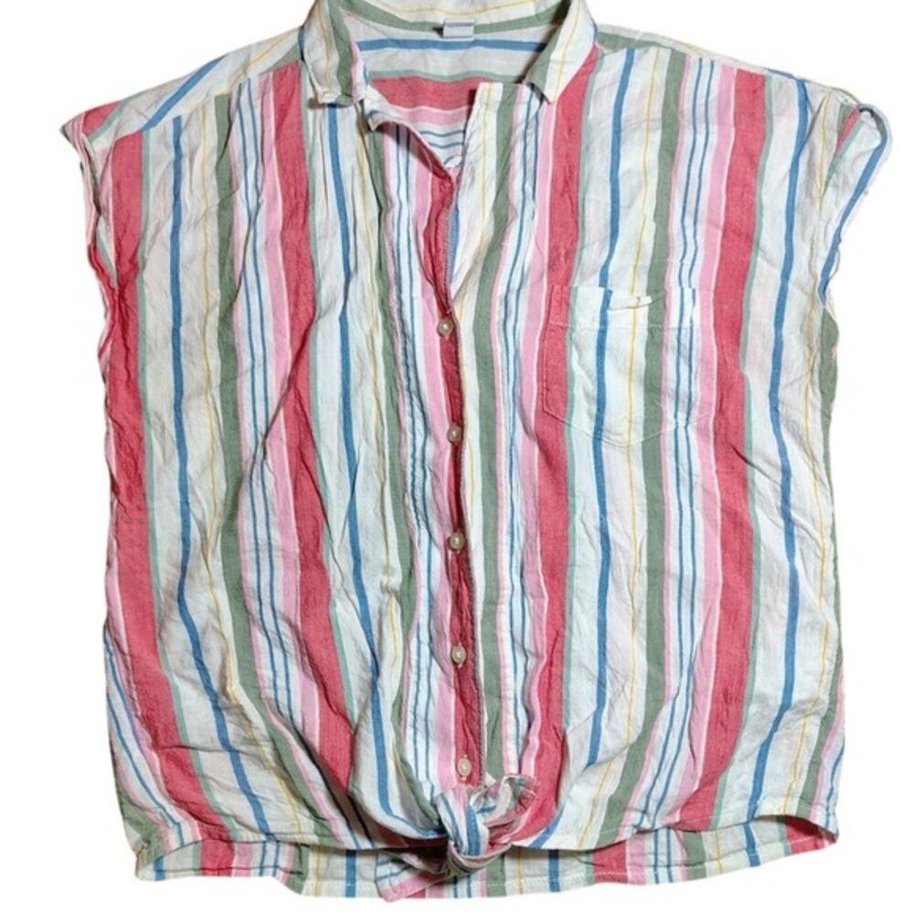 Old Navy Striped Tie Front Top Shirt Sleeveless Pink Casual S coastal spring